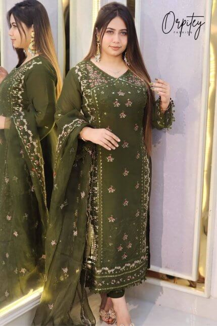 Luxurious 3-Piece Pakistani-Inspired Embroidered Dress Set - Olive